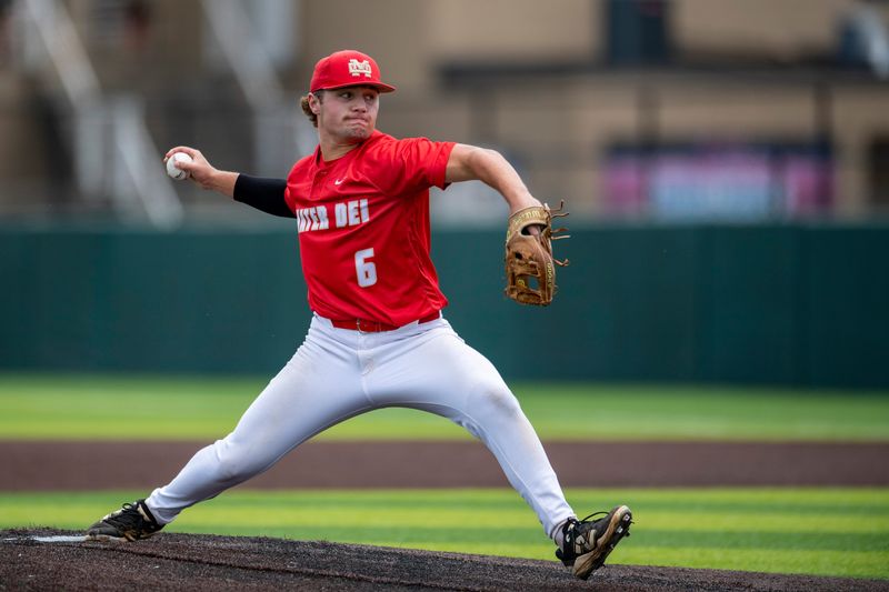 Mater Dei's Max Miller (6) pitches as the Mater Dei Wildcats play the Shenandoah Raiders during the 2025 IHSAA Class 2A Baseball Semistate game at Braun Stadium in Evansville, Ind., Saturday, June 14, 2025.