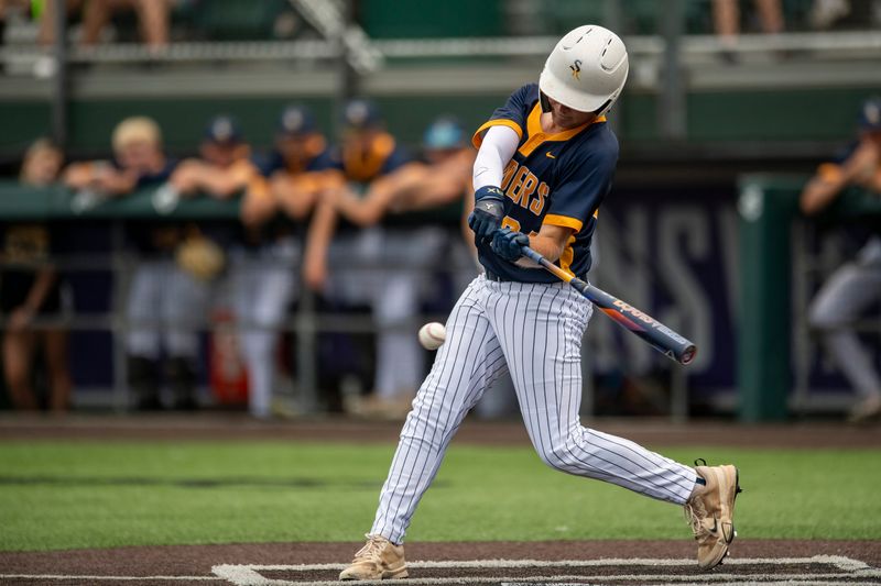 Shenandoah's Drew Fredenburg (24) hits as the Mater Dei Wildcats play the Shenandoah Raiders during the 2025 IHSAA Class 2A Baseball Semistate game at Braun Stadium in Evansville, Ind., Saturday, June 14, 2025.