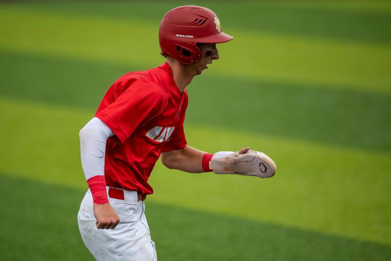Mater Dei's Nolan Schickel (1) heads for home as the Mater Dei Wildcats play the Shenandoah Raiders during the 2025 IHSAA Class 2A Baseball Semistate game at Braun Stadium in Evansville, Ind., Saturday, June 14, 2025.