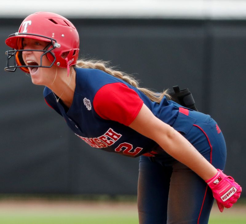 Tecumseh Katelyn Marx (2) celebrates after getting on base Saturday, June 14, 2025, during the IHSAA Class 2A softball state championship game against Andrean at Purdue University’s Bittinger Stadium in West Lafayette, Indiana. Crown Point Bulldogs won 2-0 in nine innings. Tecumseh won 2-0.
