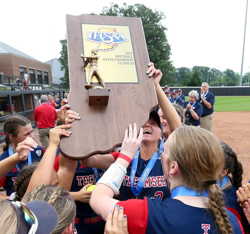 Tecumseh celebrates Saturday, June 14, 2025, after the IHSAA Class 2A softball state championship game against Andrean at Purdue University’s Bittinger Stadium in West Lafayette, Indiana. Crown Point Bulldogs won 2-0 in nine innings. Tecumseh won 2-0.