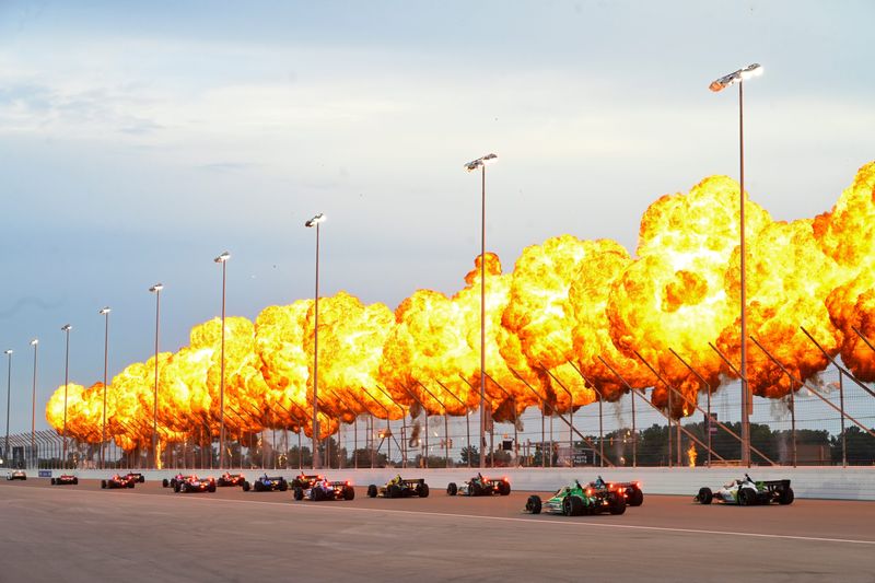 Jun 15, 2025; Madison, Illinois, USA; Drivers enter turn three prior to the start of the Bommarito Automotive Group 500 at World Wide Technology Raceway. Mandatory Credit: Joe Puetz-Imagn Images