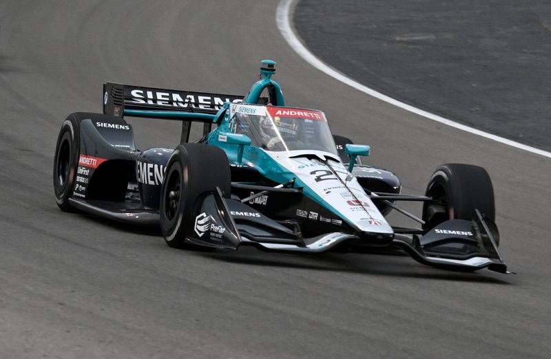 Jun 15, 2025; Madison, Illinois, USA; Andretti Autosport driver Kyle Kirkwood (27) during the Bommarito Automotive Group 500 at World Wide Technology Raceway. Mandatory Credit: Joe Puetz-Imagn Images