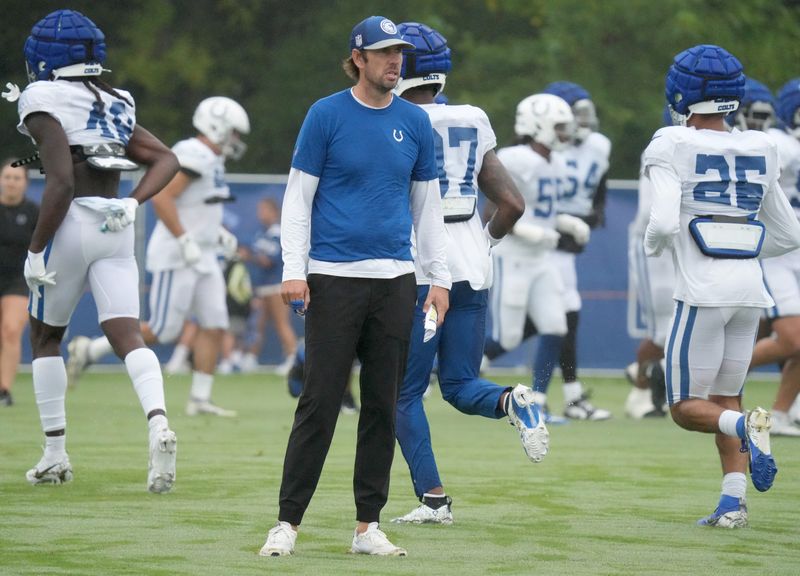 Indianapolis Colts head coach Shane Steichen watches practice during the Coltsâ€™ training camp Wednesday, Aug. 7, 2024, at Grand Park Sports Complex in Westfield.