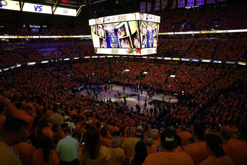 Jun 13, 2025; Indianapolis, Indiana, USA; A general view of Gainbridge Fieldhouse prior to game four of the 2025 NBA Finals between the Indiana Pacers and the Oklahoma City Thunder. Mandatory Credit: Trevor Ruszkowski-Imagn Images