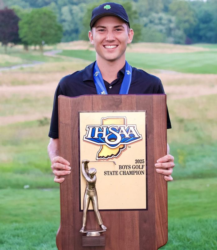 Purdue commit Will Harvey poses with the IHSAA boys golf state title after becoming Westfield’s first individual state champion on Wednesday, June 18, 2025, at Prairie View Golf Club in Carmel.