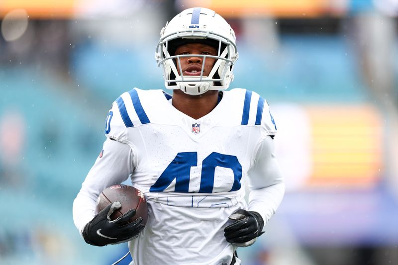 Oct 6, 2024; Jacksonville, Florida, USA; Indianapolis Colts cornerback Jaylon Jones (40) warms up before a game against the Jacksonville Jaguars at EverBank Stadium. Mandatory Credit: Nathan Ray Seebeck-Imagn Images