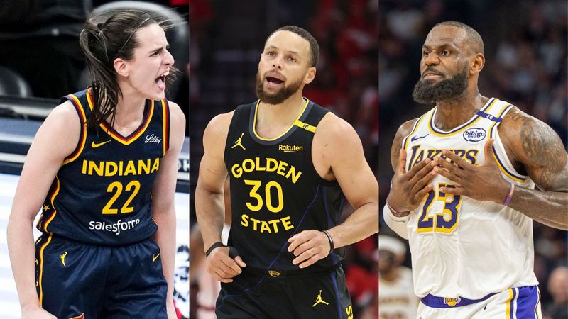 Caitlin Clark (from left), Steph Curry, LeBron James