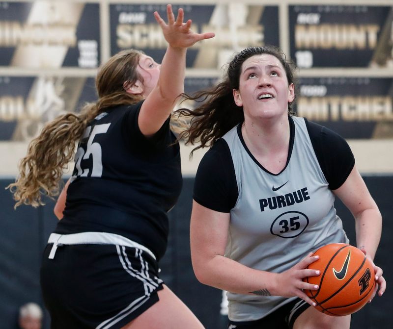 Purdue Boilermakers forward Avery Gordon defends Purdue Boilermakers Lana McCarthy Thursday, June 19, 2025, during practice at Purdue University’s Cardinal Court in West Lafayette, Indiana.