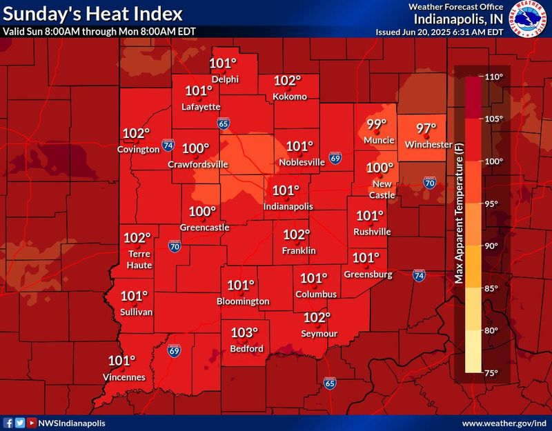 The National Weather Service has issued a heat advisory from June 21 through June 24. Heat indices will top out at over 100 degrees in Indianapolis.