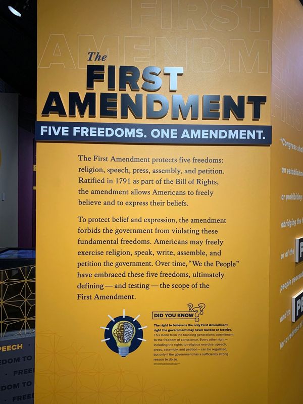 The First Amendment exhibit was installed at the National Constitution Center in Philadelphia in September 2023. The interactive display allows visitors to test their knowledge of their rights.