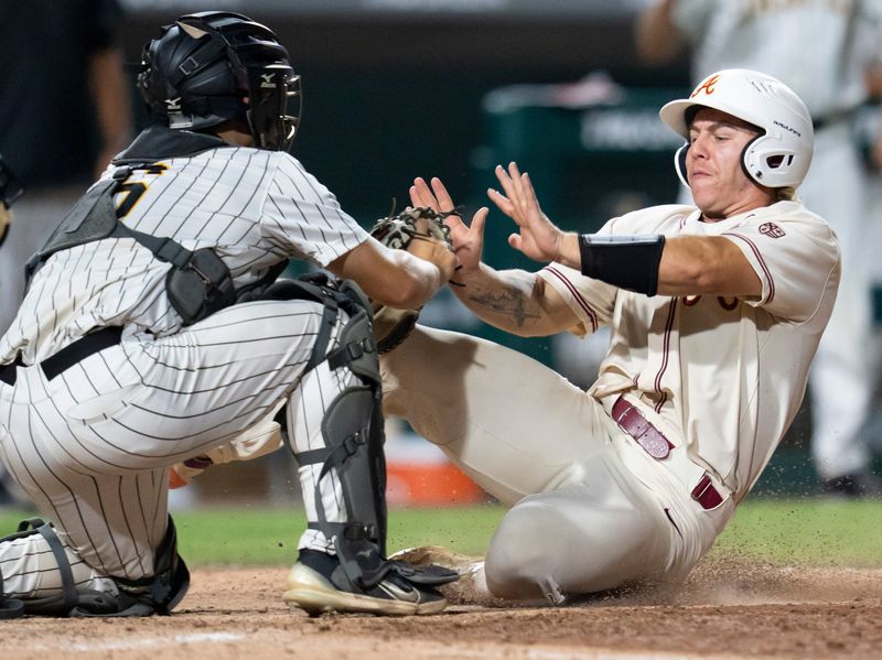 Jasper Wildcats’ Kaiden Schmidt (6) tags out an Andrean 59ers runner at home plate Friday, June 20, 2025, during the class 3A IHSAA baseball state final in Indianapolis.