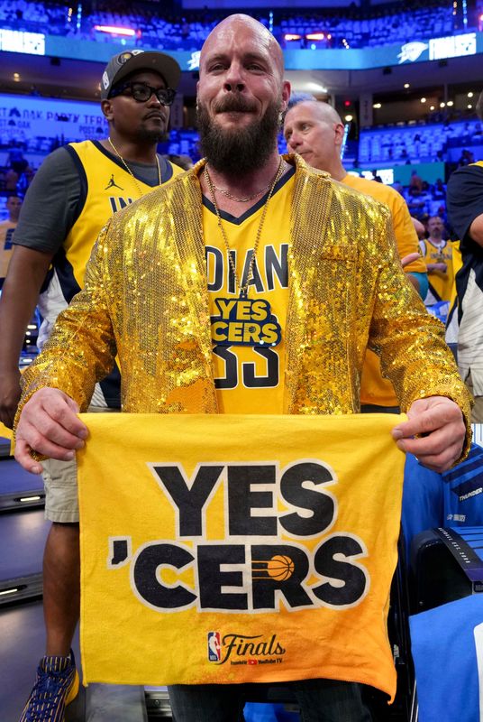 Indiana Pacers fan Scott Roosa poses for a photo before Game 7 of the NBA Finals between the Indiana Pacers and Oklahoma City Thunder on Sunday, June 22, 2025, at Paycom Center in Oklahoma City.