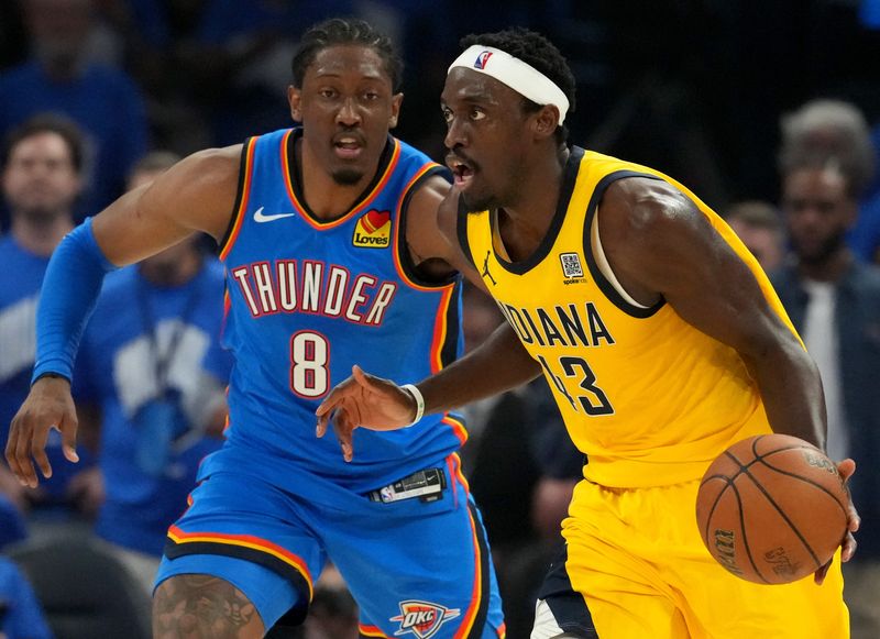 Indiana Pacers forward Pascal Siakam (43) looks for a pass Sunday, June 22, 2025, during Game 7 of the NBA Finals at Paycom Center in Oklahoma City.