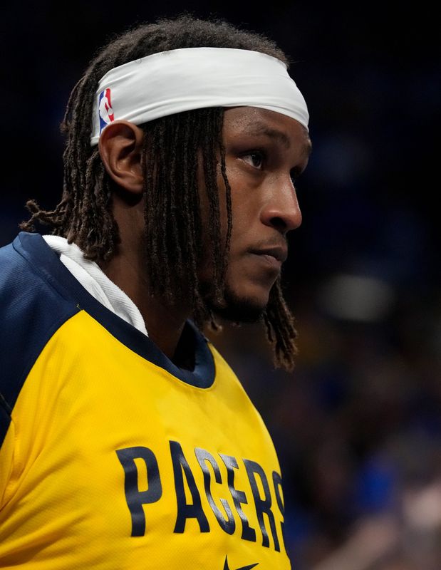 Indiana Pacers center Myles Turner (33) sits on the bench Sunday, June 22, 2025, during Game 7 of the NBA Finals at Paycom Center in Oklahoma City.