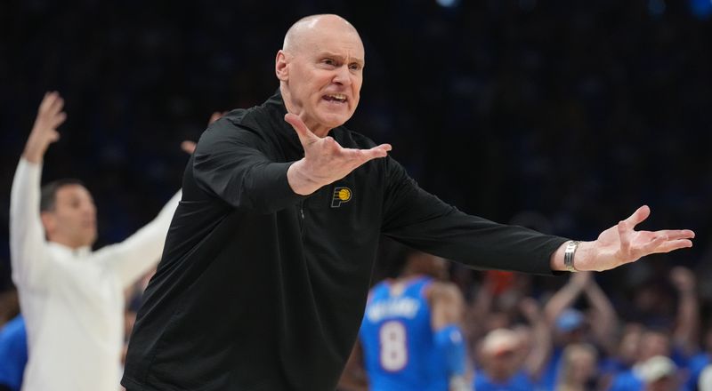 Indiana Pacers head coach Rick Carlisle gestures towards a referee Sunday, June 22, 2025, during Game 7 of the NBA Finals at Paycom Center in Oklahoma City.