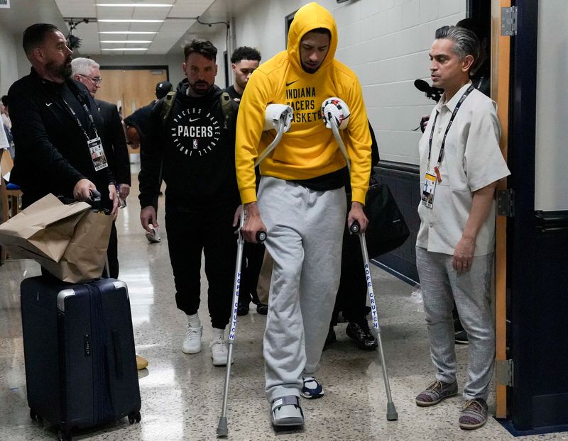 Indiana Pacers guard Tyrese Haliburton (0) leaves the building after a loss to the Oklahoma City Thunder in Game 7 of the NBA Finals on Sunday, June 22, 2025, at Paycom Center in Oklahoma City.