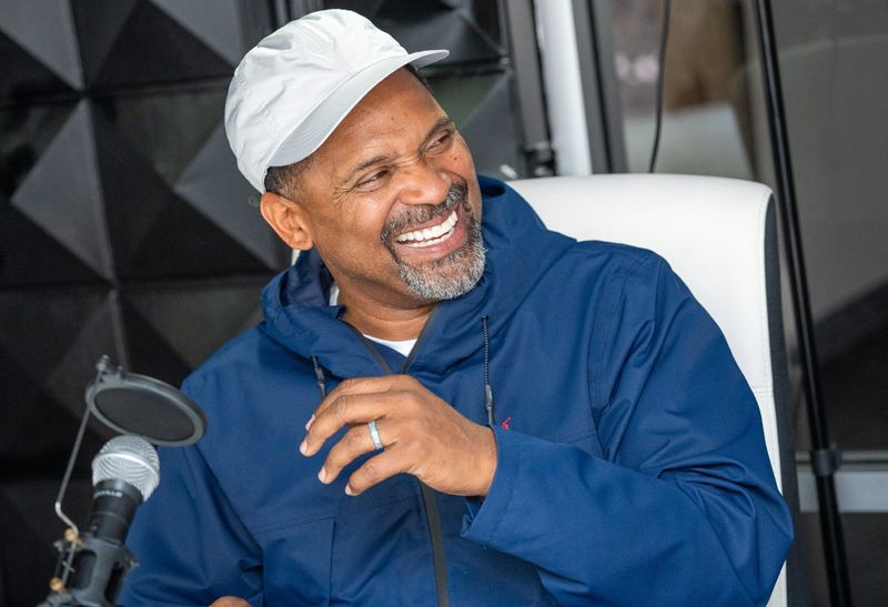 Actor and comedian Mike Epps, an Indianapolis native, shares a laugh Tuesday, May 13, 2025, during a podcast hosted by Marion County Prosecutor Ryan Mears aimed at addressing youth gun violence in Indianapolis.