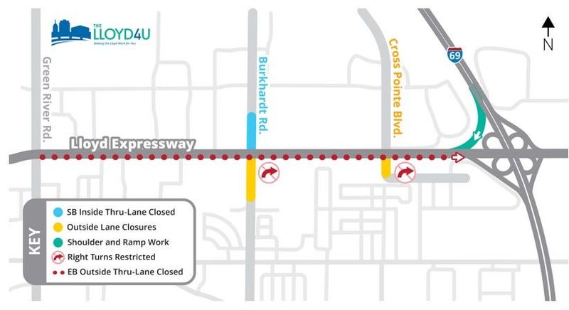 A graphic from the Indiana Department of Transportation shows traffic restrictions related to construction planned at the Lloyd Expressway's intersections with Burkhart Road and Cross Pointe Boulevard on the East side of Evansville.