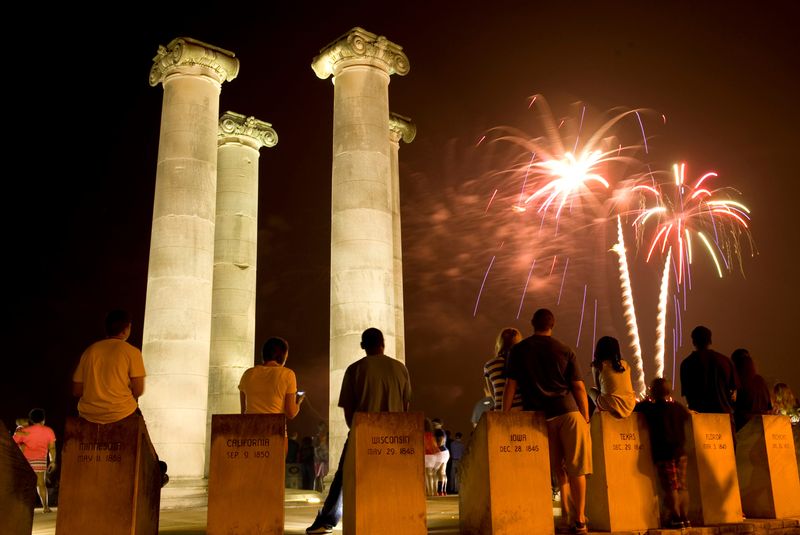 The Four Freedoms Monument offers the foreground for the Fourth of July fireworks display at Dress Plaza on the Ohio River Saturday night, July 4, 2015.