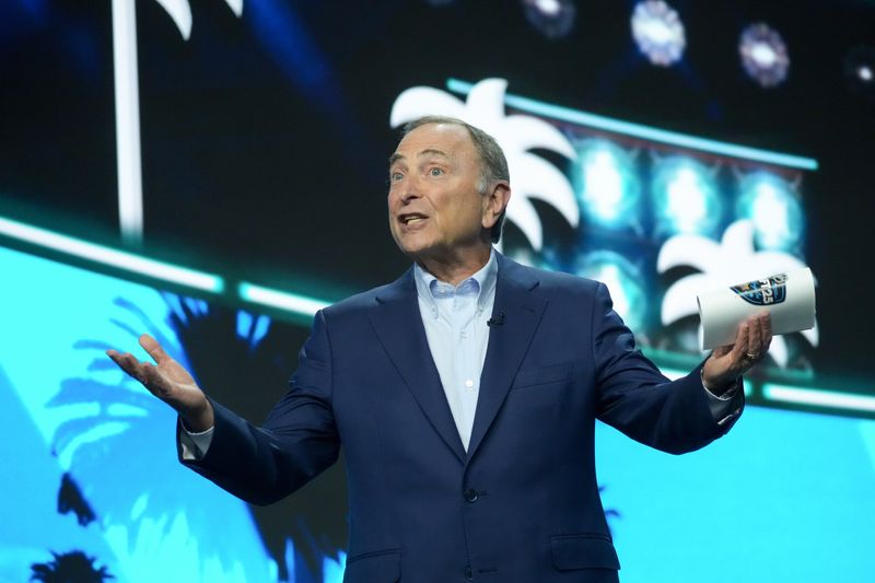 NHL commissioner Gary Bettman greets fans to start the first round of the 2025 NHL Draft at Peacock Theater in Los Angeles on Friday, June 27, 2025.
