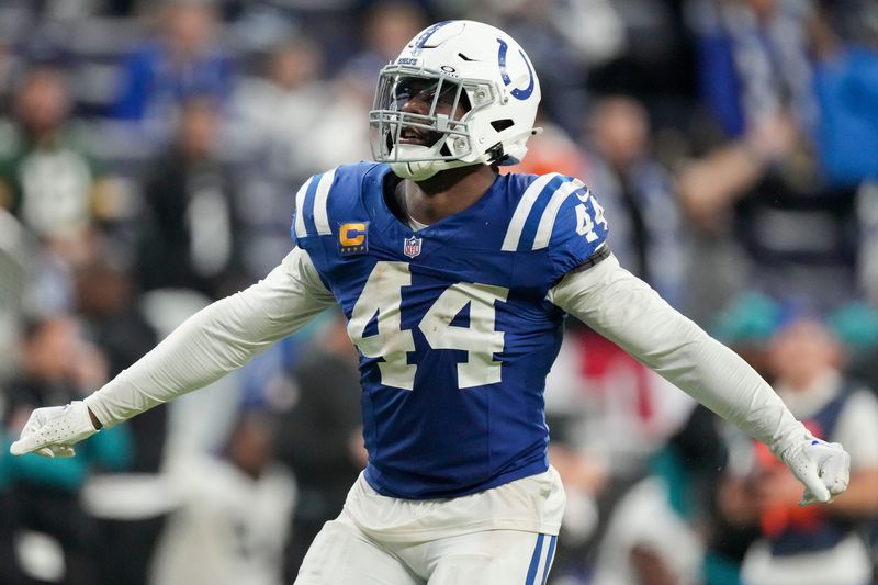 Indianapolis Colts linebacker Zaire Franklin (44) reacts after sacking Jacksonville Jaguars quarterback Mac Jones (10) in overtime Sunday, Jan. 5, 2025, during a game at Lucas Oil Stadium in Indianapolis.