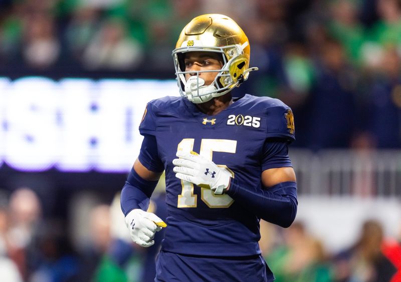 Jan 20, 2025; Atlanta, GA, USA; Notre Dame Fighting Irish cornerback Leonard Moore (15) against the Ohio State Buckeyes during the CFP National Championship college football game at Mercedes-Benz Stadium. Mandatory Credit: Mark J. Rebilas-Imagn Images