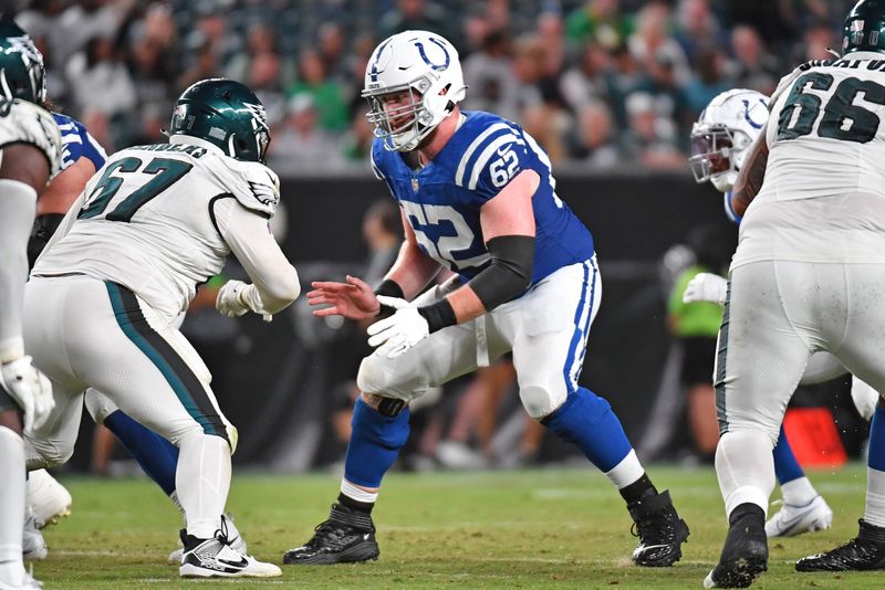 Aug 24, 2023; Philadelphia, Pennsylvania, USA; Indianapolis Colts center Wesley French (62) against the Philadelphia Eagles at Lincoln Financial Field. Mandatory Credit: Eric Hartline-USA TODAY Sports