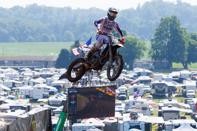 Jordon Smith flies through the air during a practice session at the RedBud Pro National MX event on Saturday, July 5, 2025, at the RedBud MX track in Buchanan, MI.