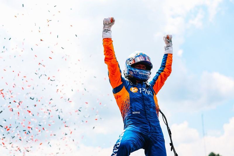 Scott Dixon celebrats his 59th career IndyCar victory, and his seventh at Mid-Ohio Sports Car Course, Sunday, July 6.