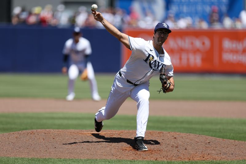 Apr 13, 2025; Tampa, Florida, USA; Tampa Bay Rays starting pitcher Joe Boyle (36) throws a pitch against the Atlanta Braves in the second inning at George M. Steinbrenner Field. Mandatory Credit: Nathan Ray Seebeck-Imagn Images