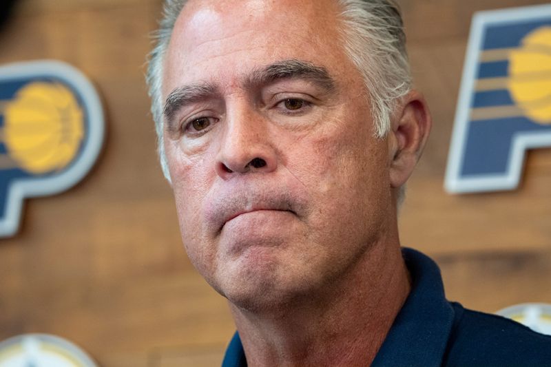 Indiana Pacers President of Basketball Operations Kevin Pritchard speaks with media Monday, July 7, 2025, at Ascension St. Vincent Center in Indianapolis.