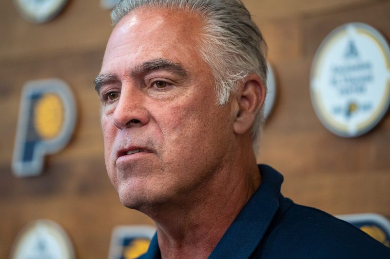 Indiana Pacers President of Basketball Operations Kevin Pritchard speaks with media Monday, July 7, 2025, at Ascension St. Vincent Center in Indianapolis.