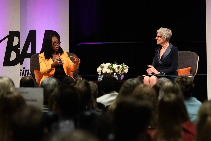 U.S. Supreme Court Justice Ketanji Brown Jackson speaks with U.S. Appeals Court Judge Jane Magnus-Stinson at an Indianapolis Bar Association luncheon on Thursday, July 10, 2025.