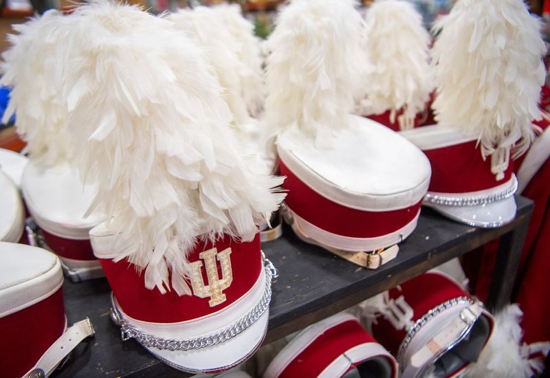 Indiana University Marching Hundred hats as part of uniforms for sale for $300 a set at the IU Surplus store on Thursday, July 11, 2025. Individual pieces are not for sale.