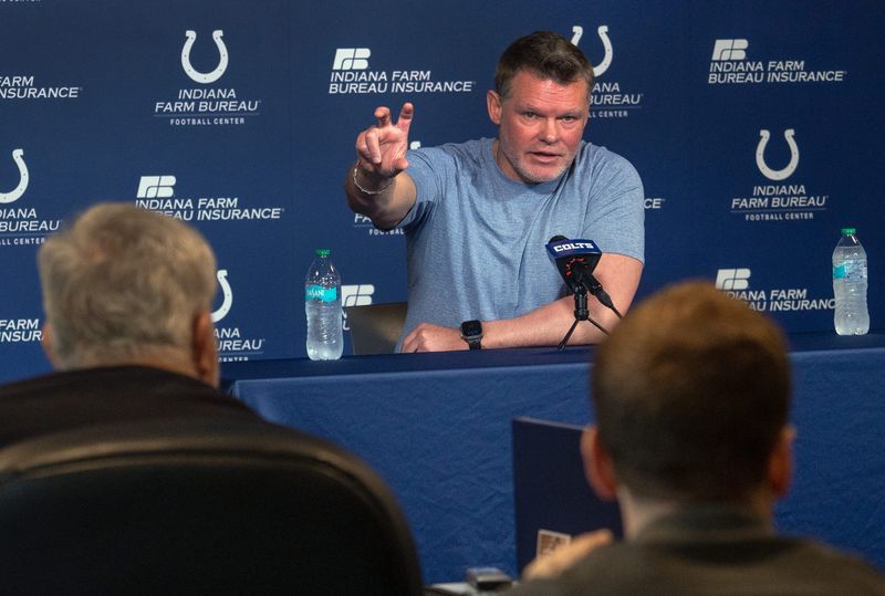 Indianapolis Colts General Manager Chris Ballard speaks to the press in a pre-draft press conference Monday, April 21, 2025 at the Colts headquarters, the Indiana Farm Bureau Football Center.
