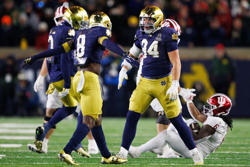 Notre Dame linebacker Drayk Bowen (34) and safety Adon Shuler (8) celebrate getting a stop during the first round of the College Football Playoff between Notre Dame and Indiana at Notre Dame Stadium on Friday, Dec. 20, 2024, in South Bend.