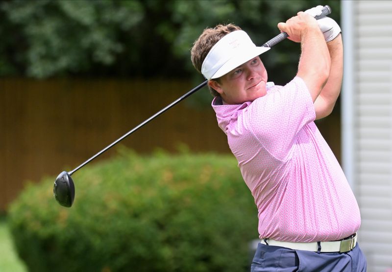 Jason Bannister watches a tee shot during the finals in the Men's Championship division in the City Golf Tournament at Cascades Golf Course on Sunday, July 13, 2025.