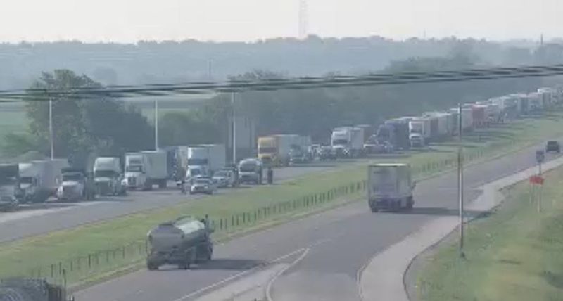 Northbound traffic is at a standstill just before 9 a.m. Tuesday, July 15, 2025. A box truck hauling paper caught fire about two miles north of the Frankfort/Indiana 28 exit. Traffic was diverted onto Indiana 28, Indiana State Police said.