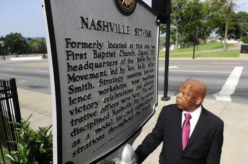 U.S. Rep. John Lewis, who got his start in the civil rights movement as a college student in Nashville, talks about his Nashville memories of those times from the early 1960s Oct. 13, 2013. Lewis stands next to a historical maker at the former First Baptist Church which was headquarters for the sit-ins Civil Right movement.

131013 A