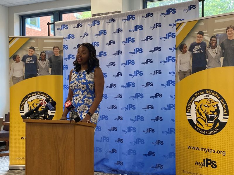 IPS Superintendent Aleesia Johnson announces a $5.5 million grant from the Lilly Foundation that will go to support expanding STEM curriculum and career exploration at IPS schools, at William Penn Middle School on Tuesday, July 15, 2025.