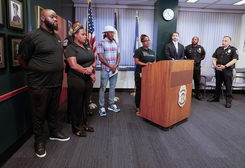 Damita Jefferson of Voices Indianapolis speaks during a press conference held by the Indianapolis Metropolitan Police Department (IMPD), the city's Office of Public Health and Safety (OPHS), and New B.O.Y. Mentoring Program on Wednesday, July 16, 2025, at the City-County Building in Indianapolis.