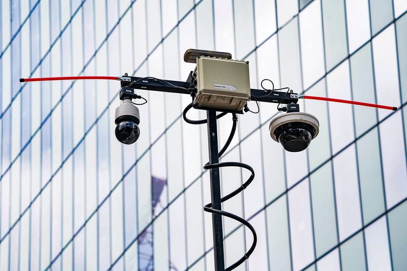 A security camera monitors events on Georgia Street on Friday, July 18, 2025, during the WNBA All-Star weekend on in Indianapolis.