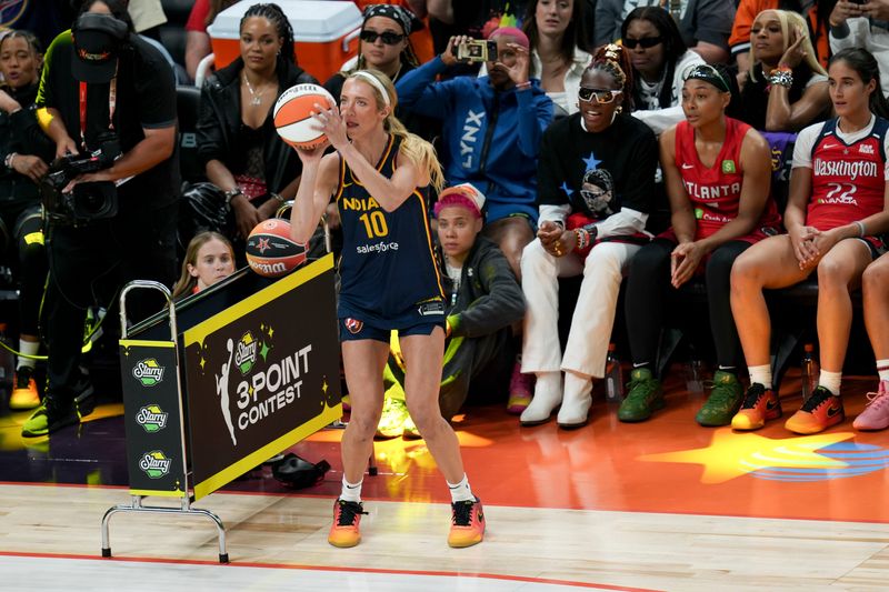 Indiana Fever Lexi Hull (10) competes Friday, July 18, 2025, during the WNBA All-Star 3-point contest at Gainbridge Fieldhouse in Indianapolis.