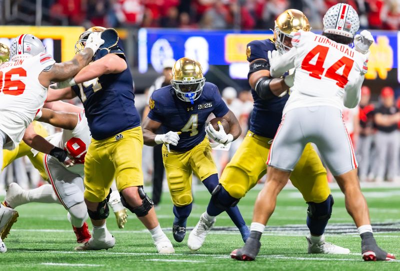 Jan 20, 2025; Atlanta, GA, USA; Notre Dame Fighting Irish running back Jeremiyah Love (4) against the Ohio State Buckeyes during the CFP National Championship college football game at Mercedes-Benz Stadium. Mandatory Credit: Mark J. Rebilas-Imagn Images
