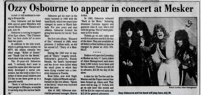 An article previewing Ozzy Osbourne's 1986 show at Evansville's Mesker Amphitheatre. Osbourne died Tuesday, July 22, 2025 at the age of 76.