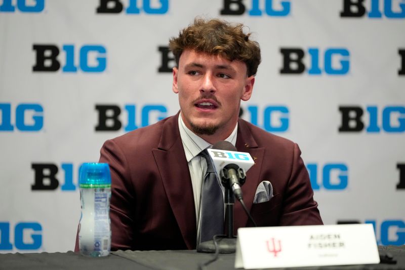 Jul 22, 2025; Las Vegas, NV, USA; Indiana linebacker Aiden Fisher speaks to the media during the Big Ten NCAA college football media days at Mandalay Bay Resort. Mandatory Credit: Lucas Peltier-Imagn Images