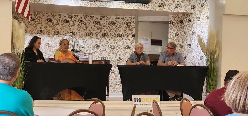 Wayne County Democratic Party chair Maggie Thomas, Richmond Common Council member Lucinda Wright, Indiana Democratic Party chair Karen Tallian and Common Council member Bill Engle were panelists for a "People's Town Hall" in the Leland Legacy ballroom in Richmond, Thursday, July 24, 2025.