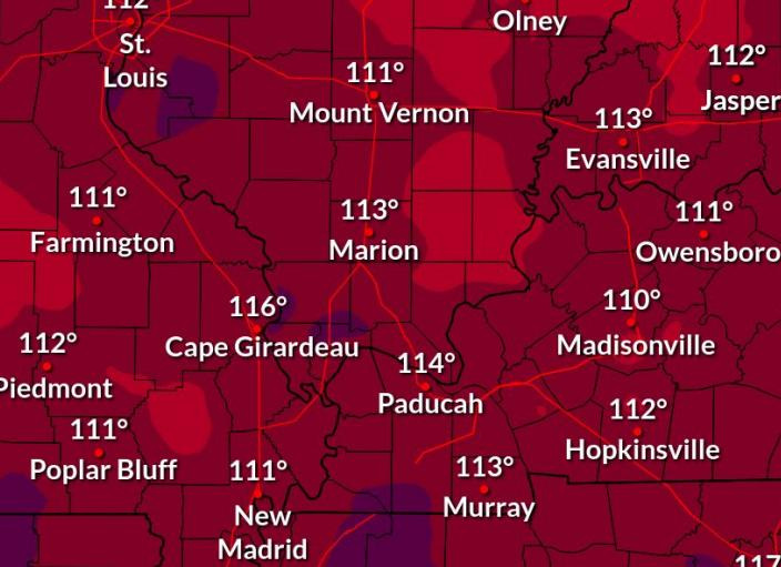 A graphic from the Paducah, Kentucky office of the National Weather Service shows potential heat indices for the Evansville area on Tuesday, July 29.