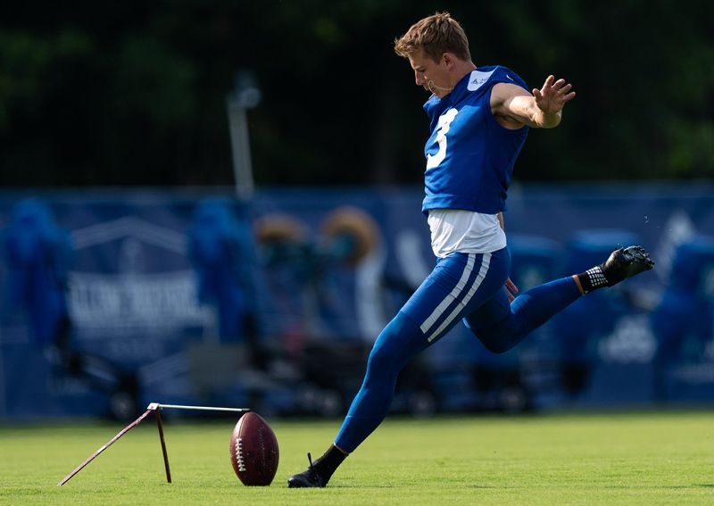 Indianapolis Colts place kicker Spencer Shrader (3) kicks Friday, July 25, 2025, during training camp held at Grand Park in Westfield.